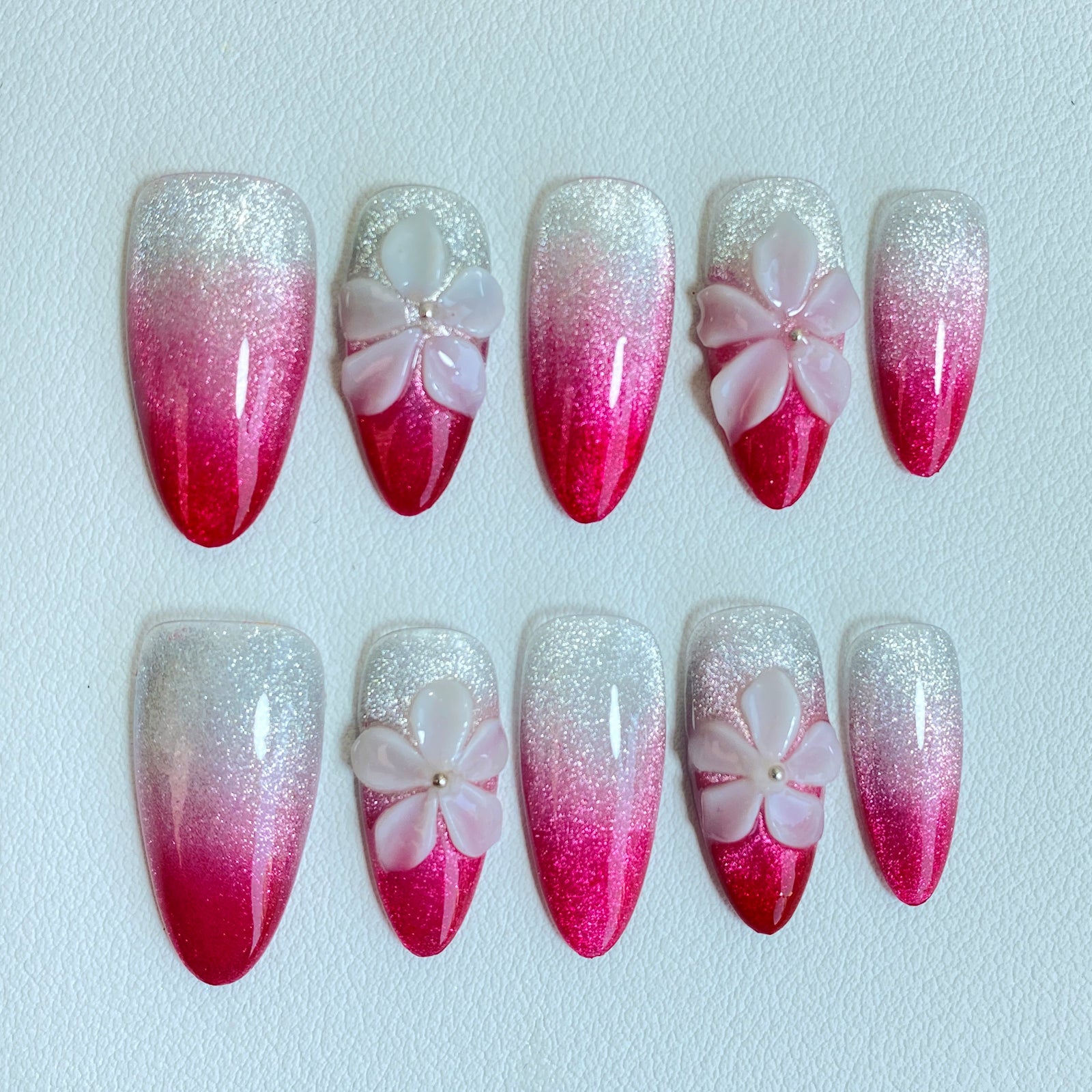 (Handmade) 10pcs/Set Pink 3D Flower Ombré Cat Eye Press-On Nails