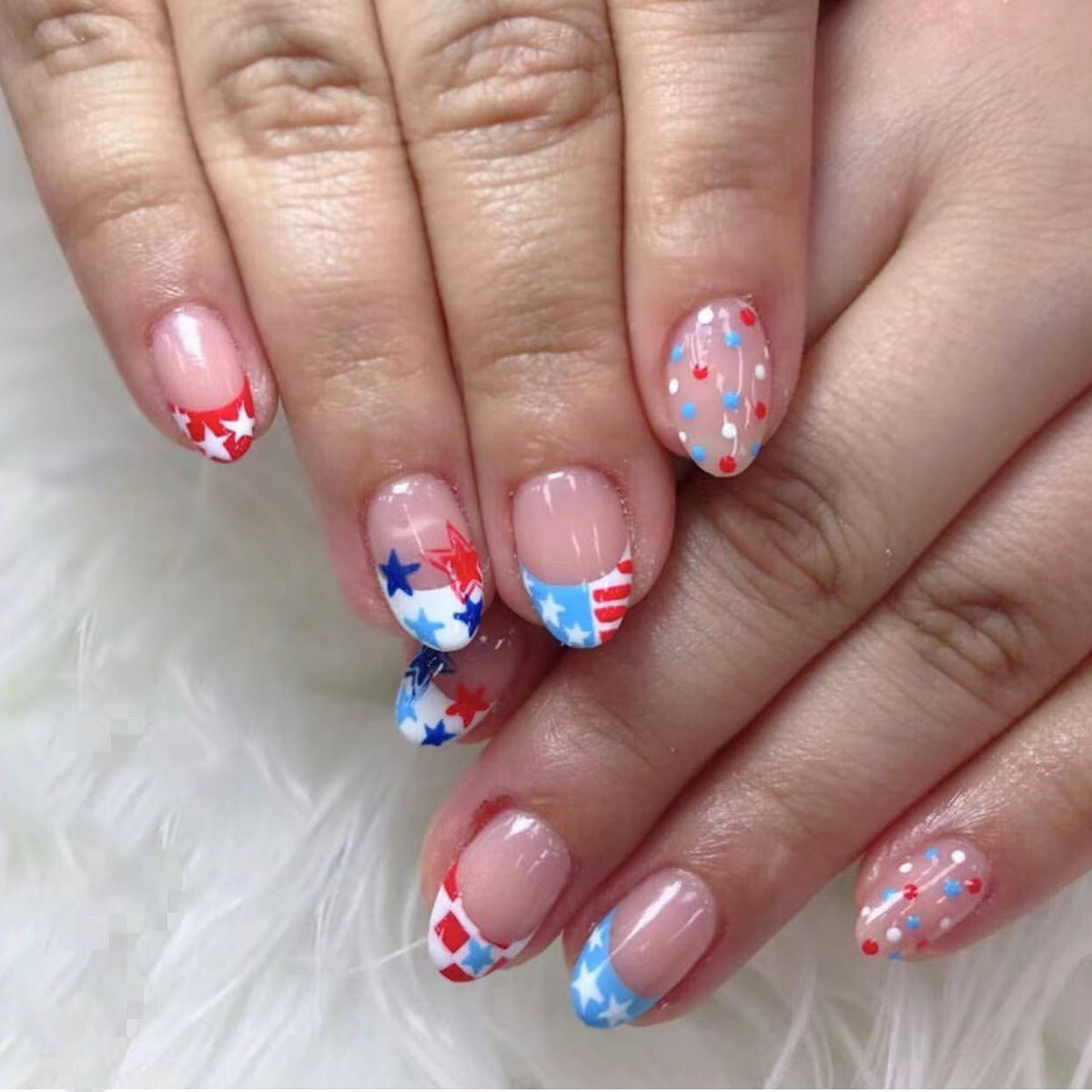 24pcs/Set Oval French Tip with Star & Polka Dots Press-On Nails