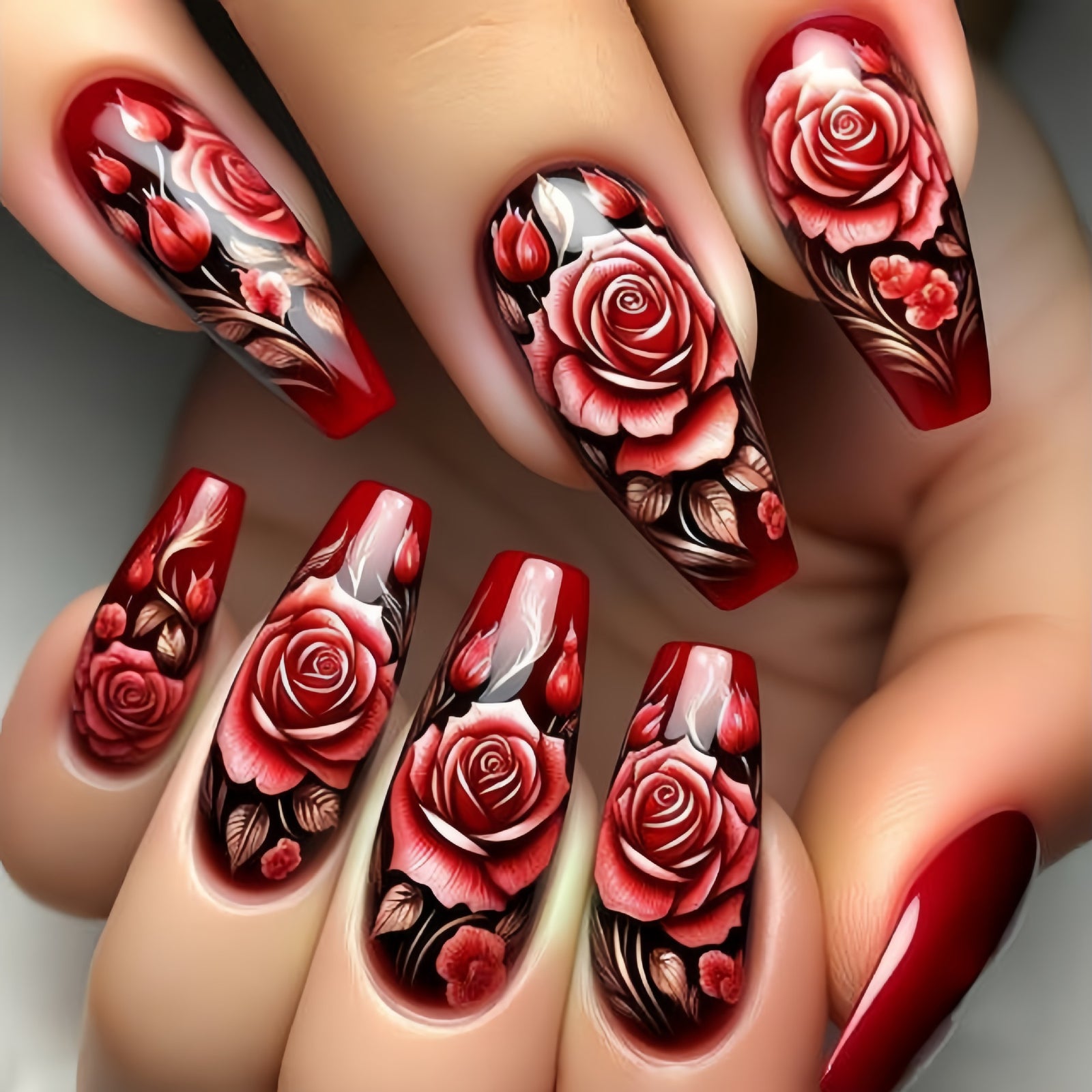 24pcs/Set Red Roses Press-On Nails