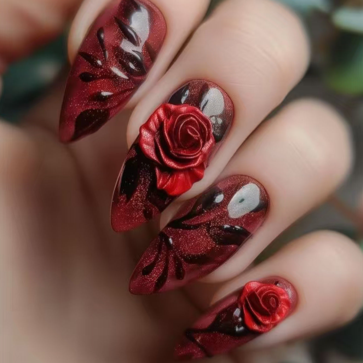 24pcs/Set Red Roses Press-On Nails