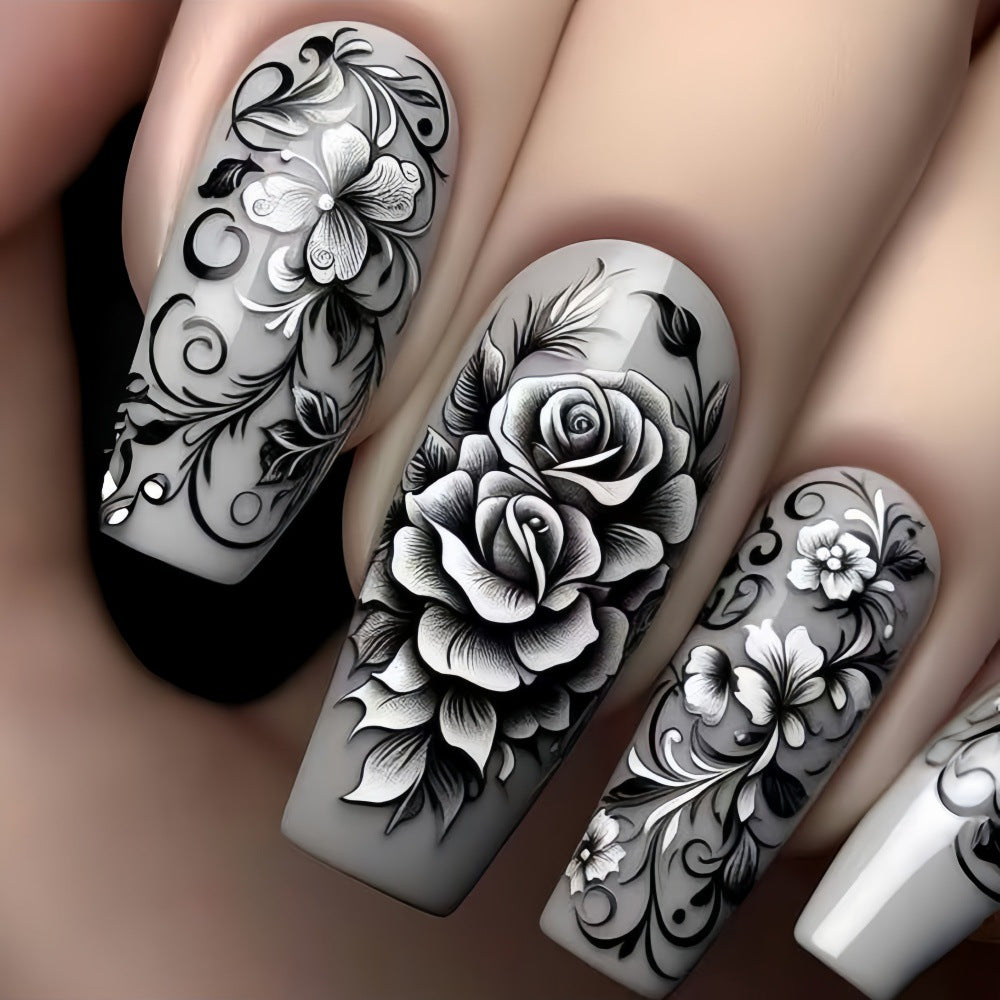 24pcs/Set Gray Background with Large Roses Press-On Nails
