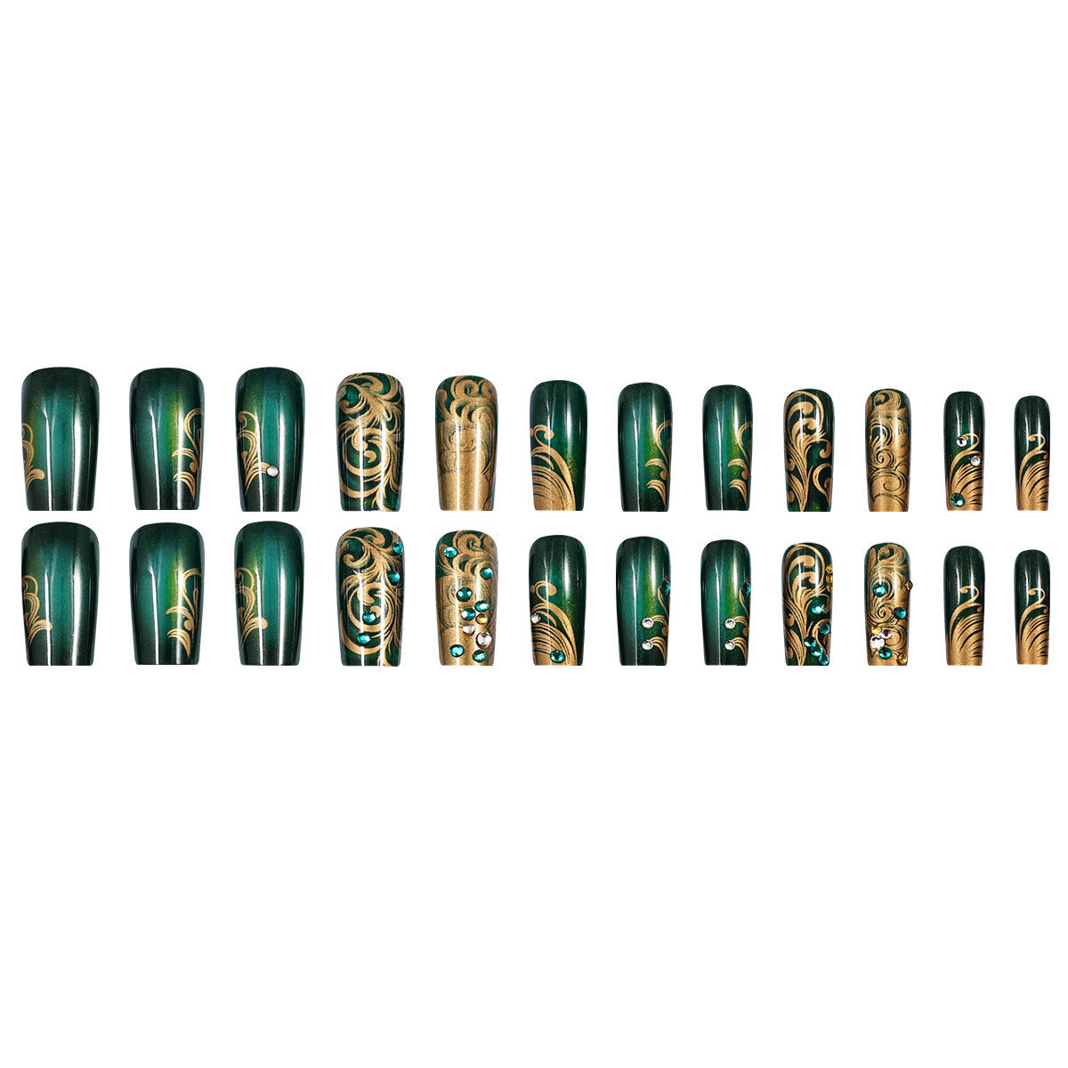 24pcs/Set Dark Green and Gold Vines Press-On Nails