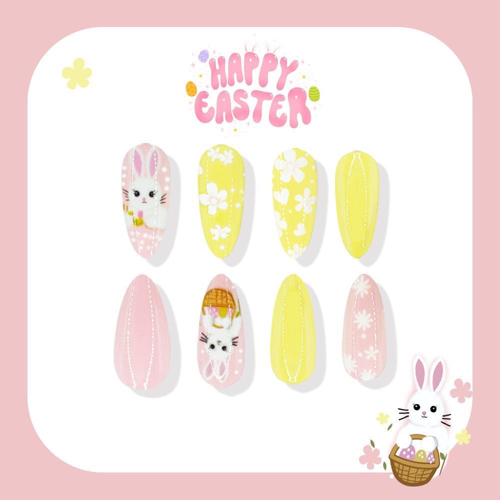 24pcs/Set Pink & Yellow Easter Egg Bunny Press-On Nails