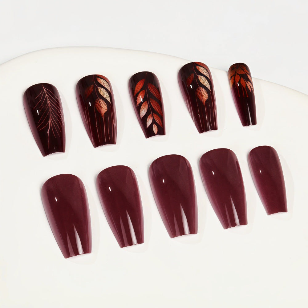 24pcs/Set Deep Burgundy Leaves Press-On Nails
