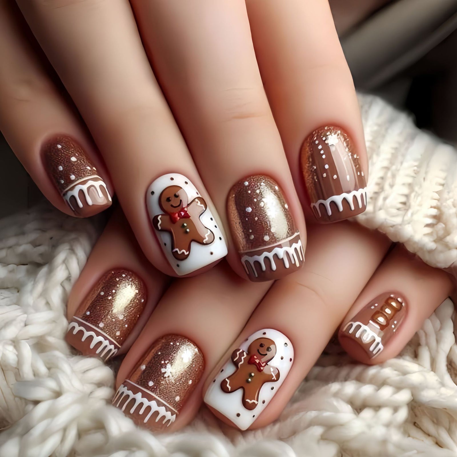 24pcs/Set Brown Gingerbread Man Short Press-On Nails