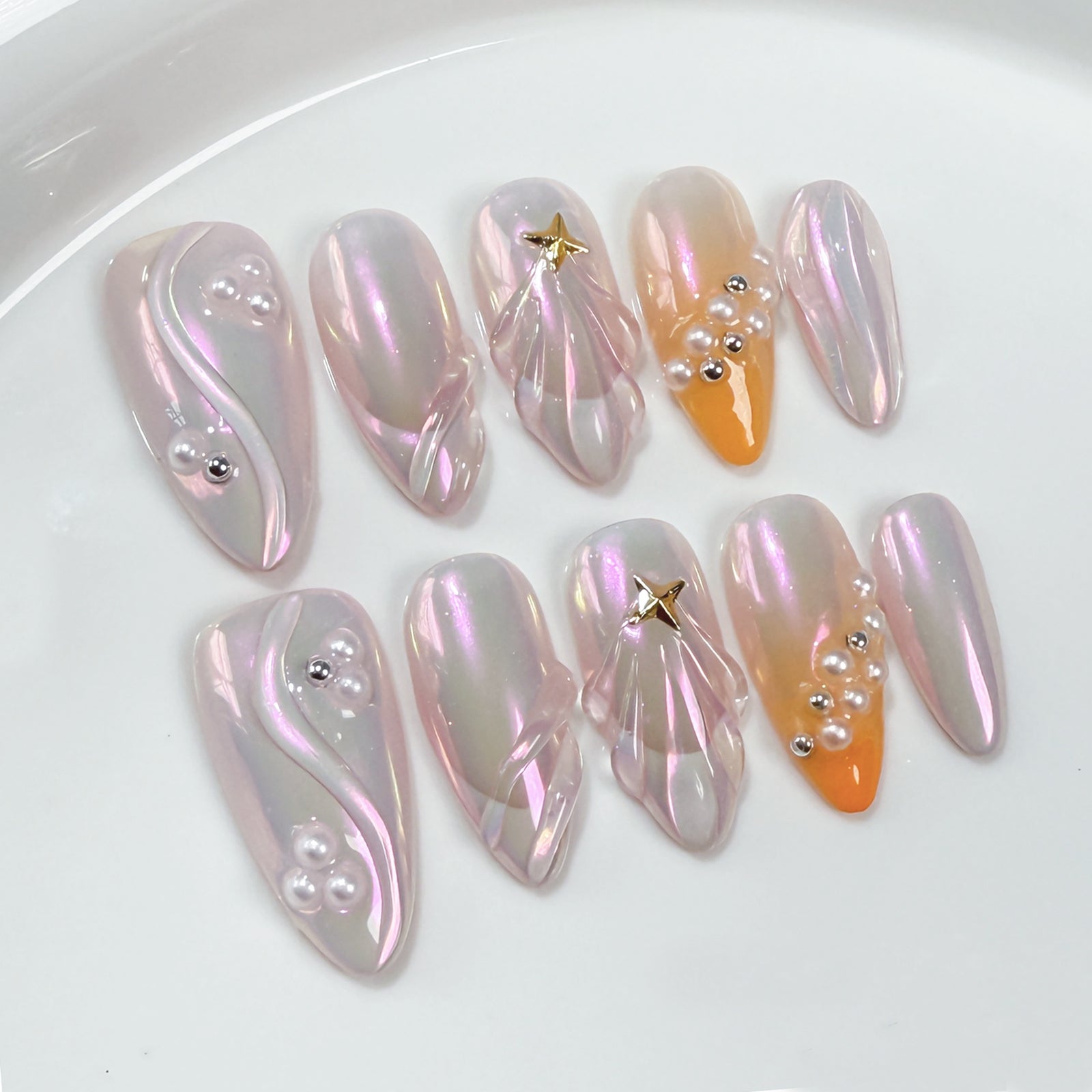 (Handmade) 10pcs/Set Aurora Mermaid Tail and Pearls Press-On Nails