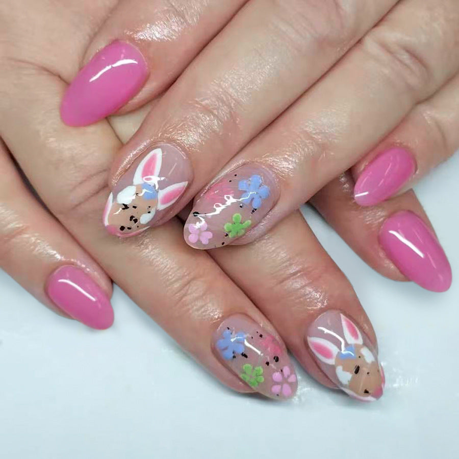 24pcs/Set Easter Pink Bunny with Color-Block Flowers Press-On Nails