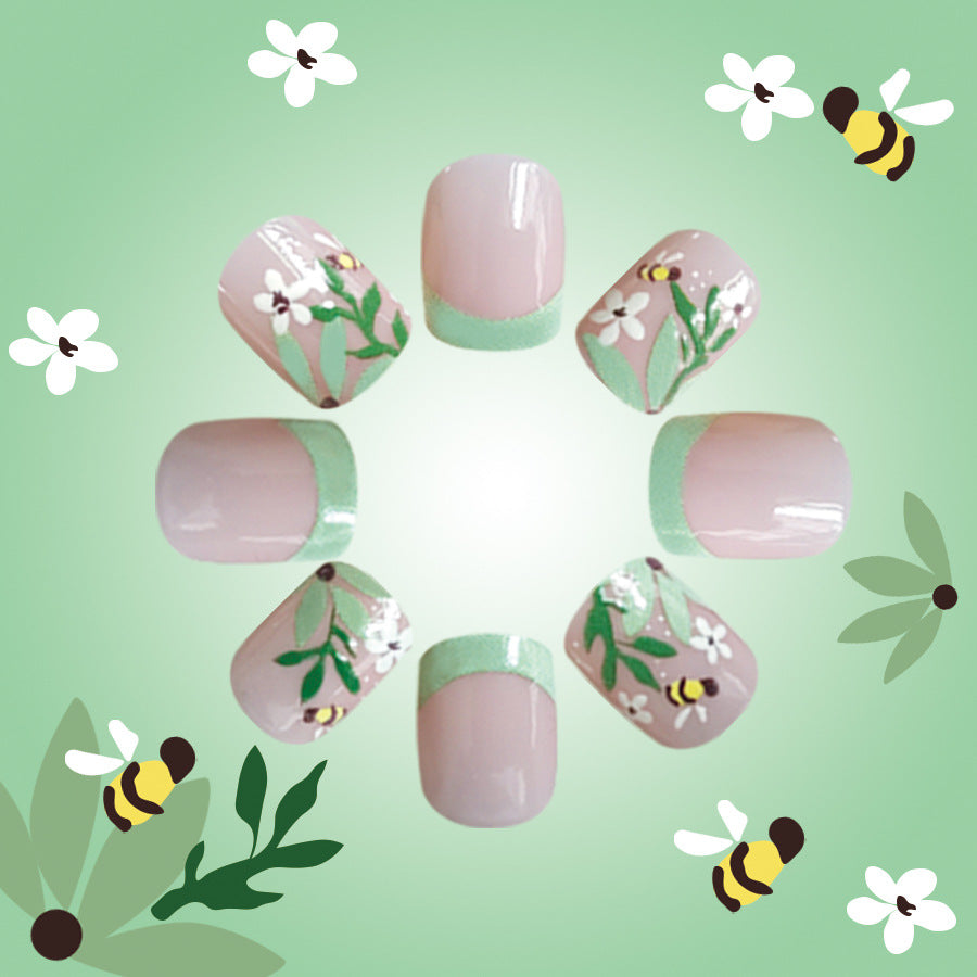 24pcs/Set French Green-Tone Little Bee Short Press-On Nails