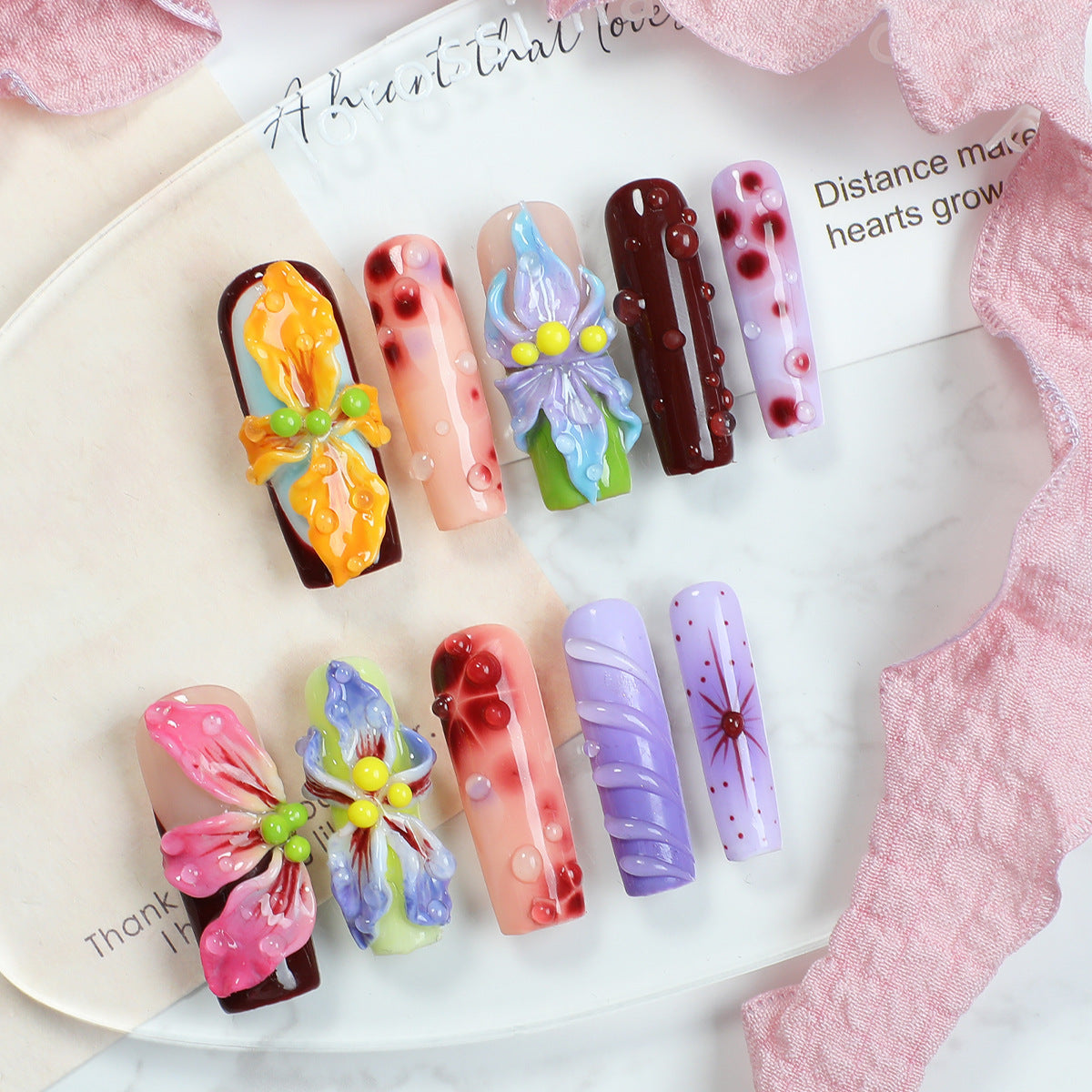 (Handmade) 10pcs/Set 3D Flowers in Dopamine-Inspired Colors Press-On Nails