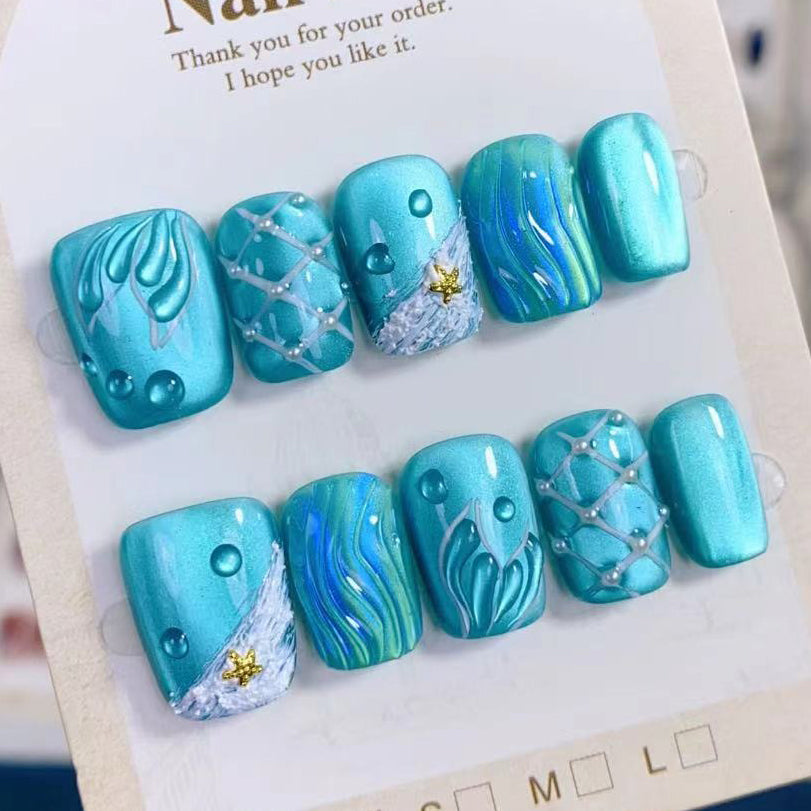 (Handmade) 10pcs/Set Ocean Blue Cat Eye Mermaid Press-On Nails