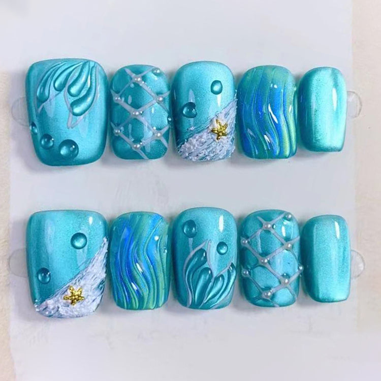 (Handmade) 10pcs/Set Ocean Blue Cat Eye Mermaid Press-On Nails