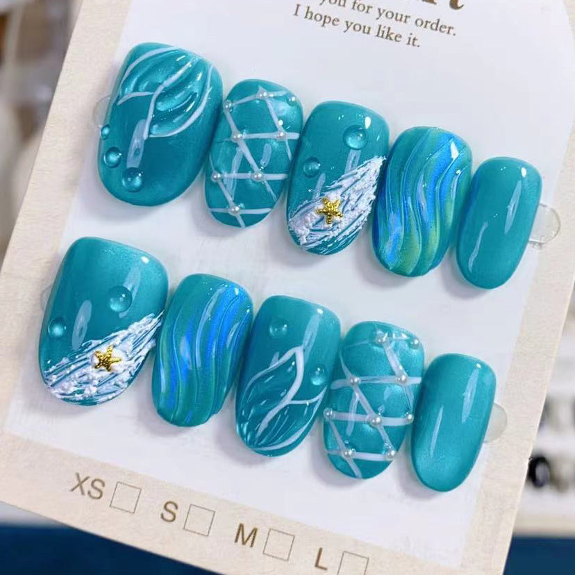 (Handmade) 10pcs/Set Ocean Blue Cat Eye Mermaid Press-On Nails