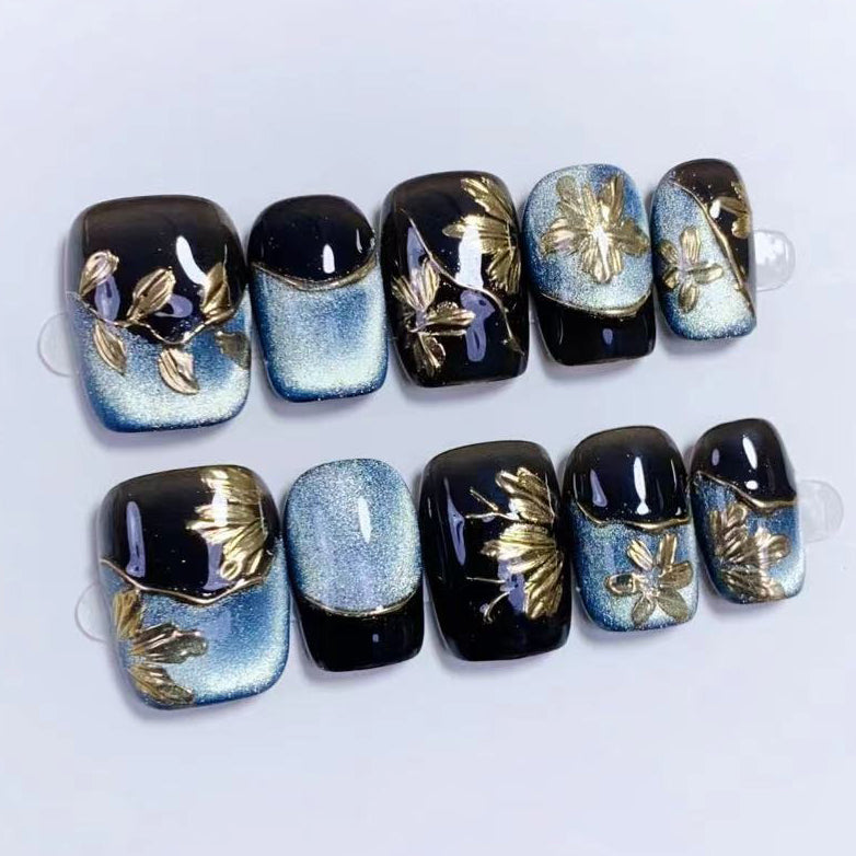 (Handmade) 10pcs/Set Cat Eye Golden Flowers Press-On Nails