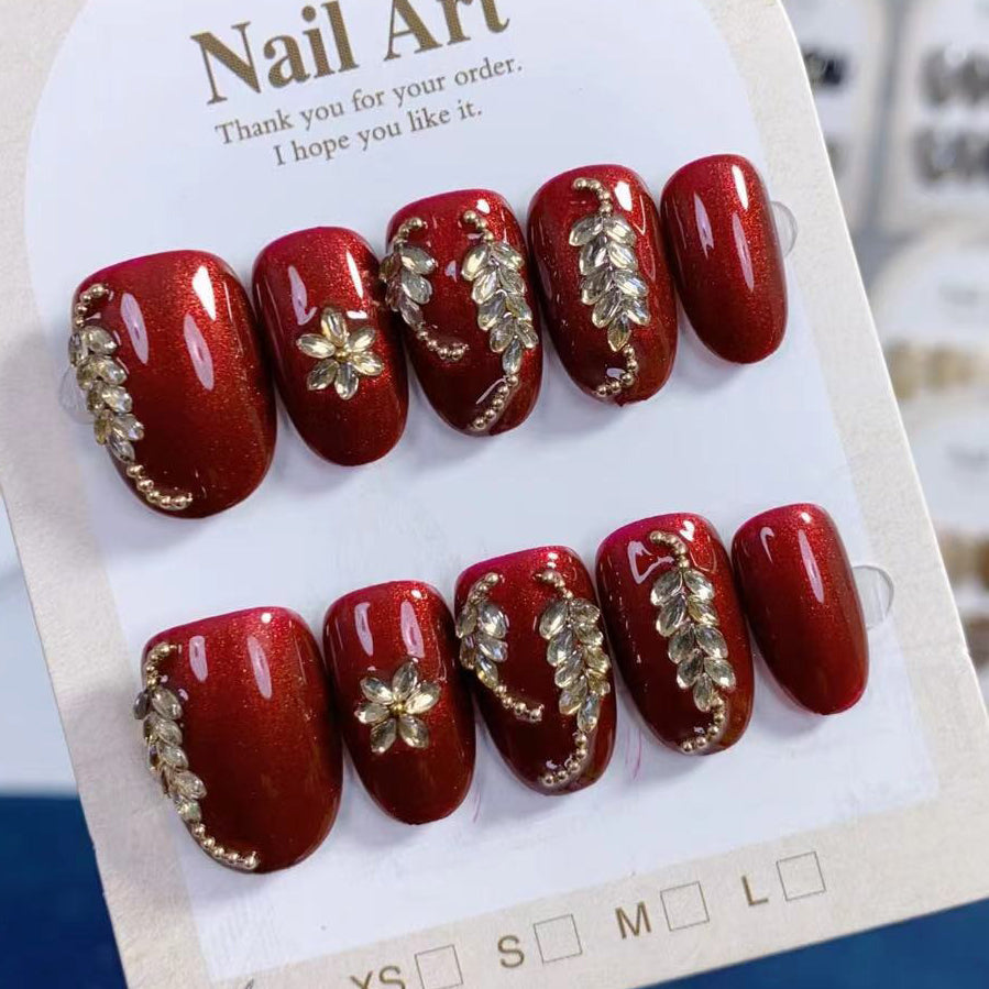 (Handmade) 10pcs/Set Red Flowers Leaves Press-On Nails