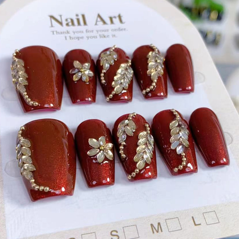 (Handmade) 10pcs/Set Red Flowers Leaves Press-On Nails