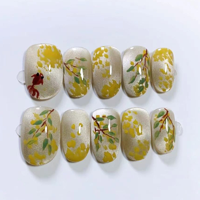 (Handmade) 10pcs/Set Osmanthus Koi Cat Eye Press-On Nails