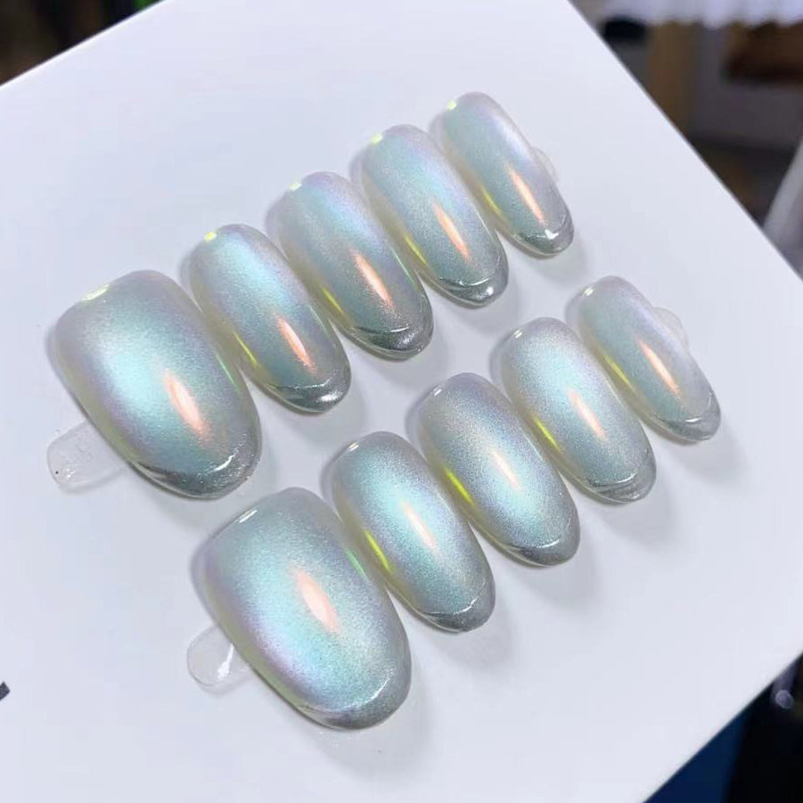 (Handmade) 10pcs/Set Laser Cat Eye French Press-On Nails