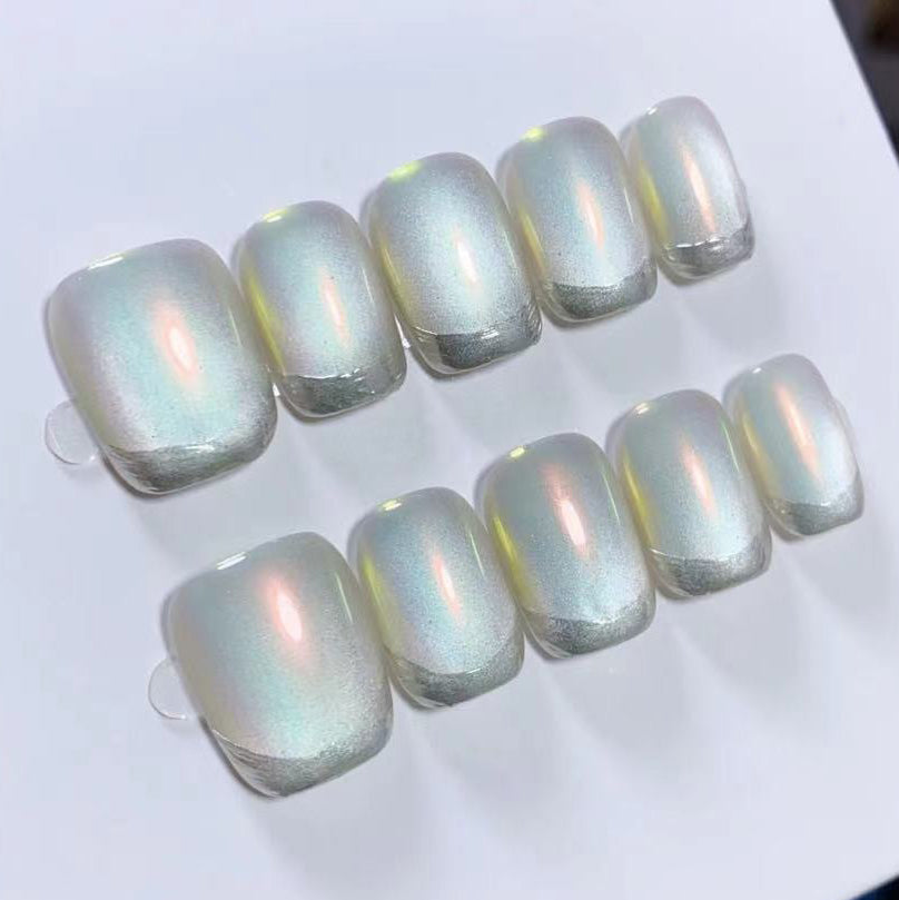 (Handmade) 10pcs/Set Laser Cat Eye French Press-On Nails