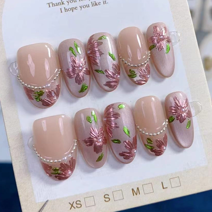 (Handmade) 10pcs/Set French Cat Eye Pearl Flowers Press-On Nails