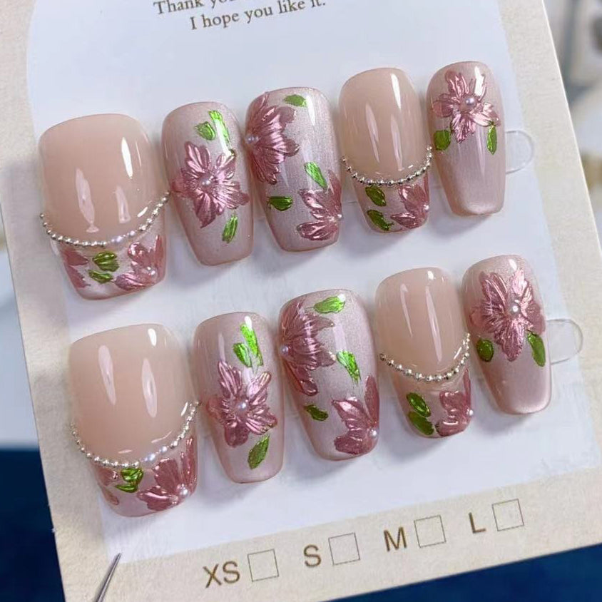 (Handmade) 10pcs/Set French Cat Eye Pearl Flowers Press-On Nails