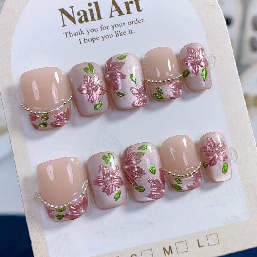 (Handmade) 10pcs/Set French Cat Eye Pearl Flowers Press-On Nails