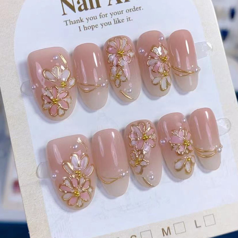 (Handmade) 10pcs/Set Pink Gradient Floral Press-On Nails
