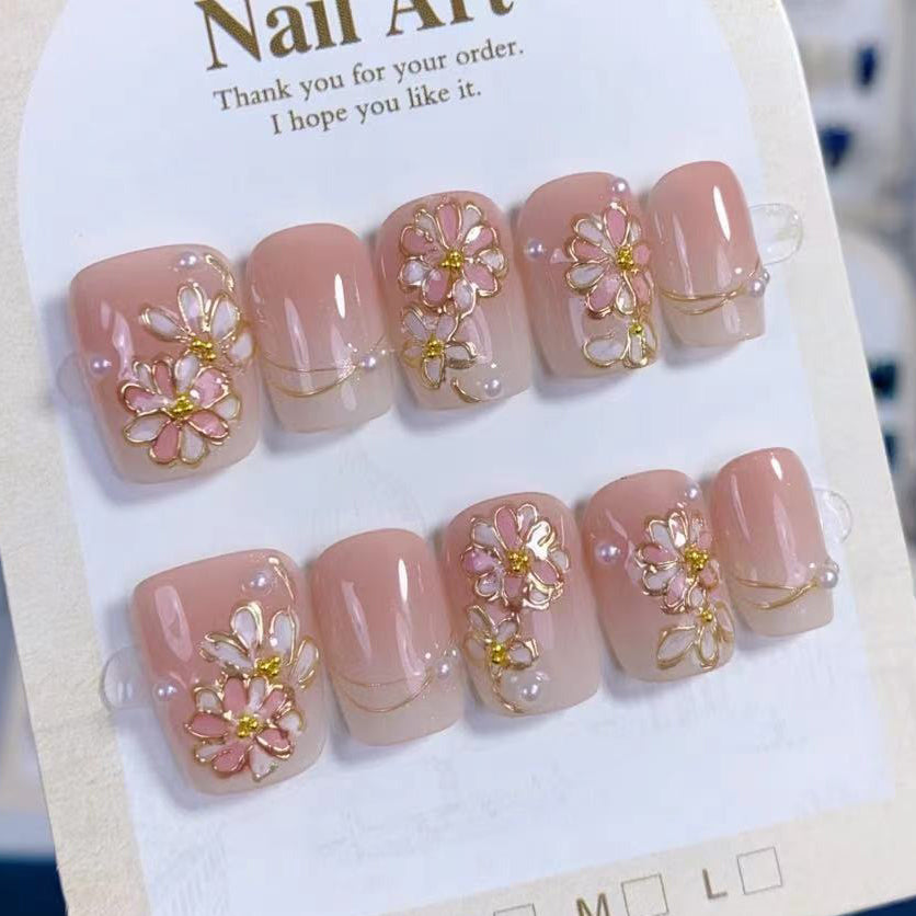 (Handmade) 10pcs/Set Pink Gradient Floral Press-On Nails