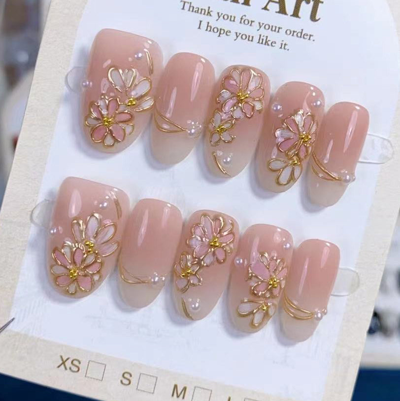 (Handmade) 10pcs/Set Pink Gradient Floral Press-On Nails