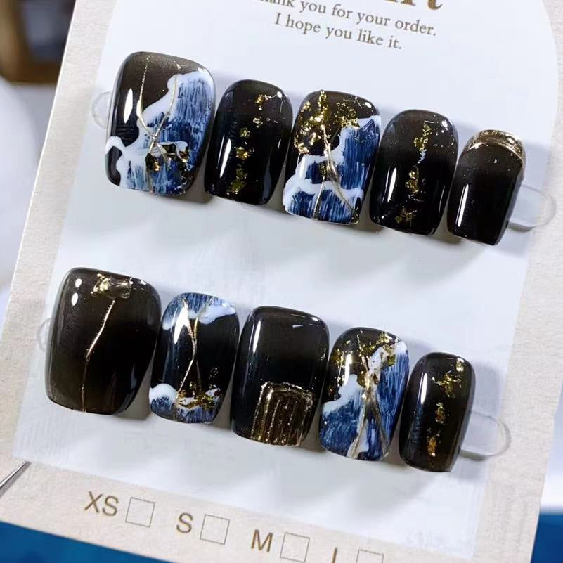 (Handmade) 10pcs/Set Oriental Ink-Inspired Black & Gold Press-On Nails