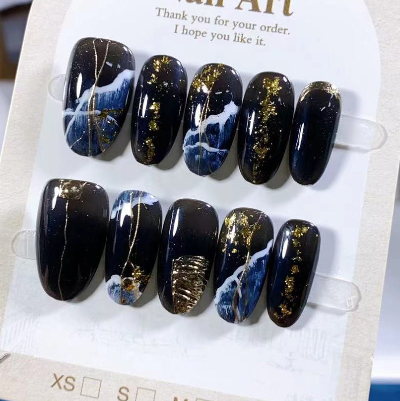 (Handmade) 10pcs/Set Oriental Ink-Inspired Black & Gold Press-On Nails