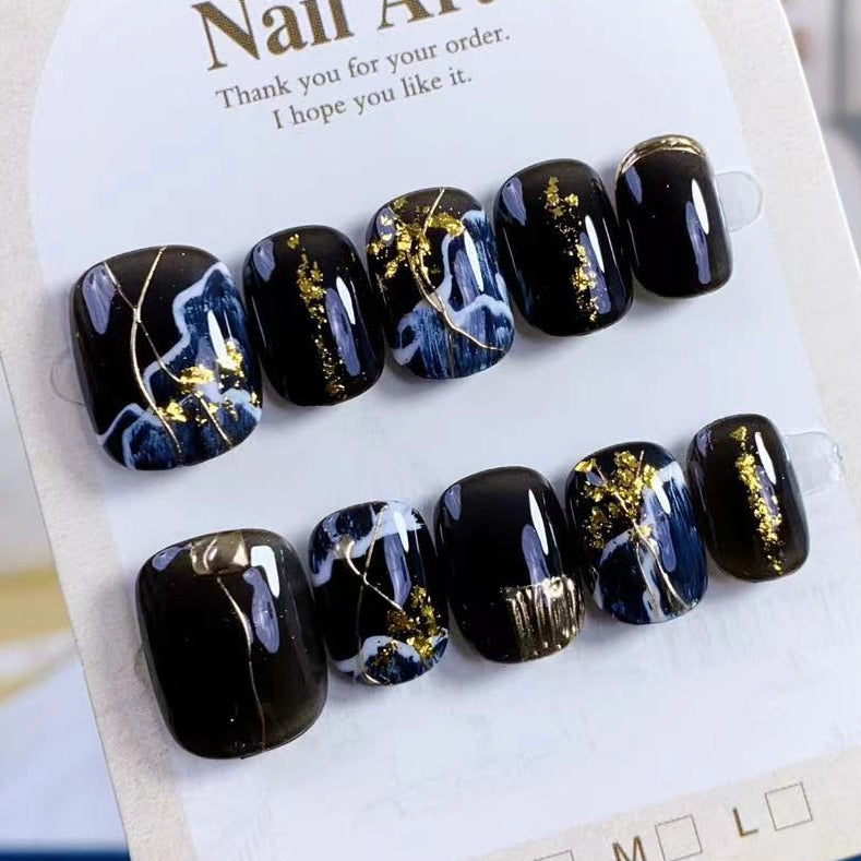 (Handmade) 10pcs/Set Oriental Ink-Inspired Black & Gold Press-On Nails