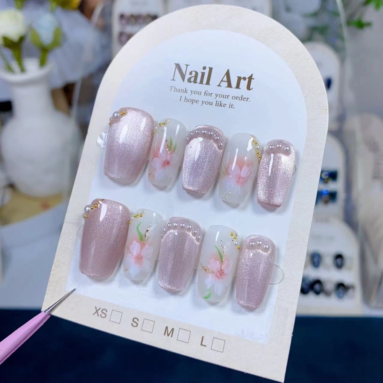 (Handmade) 10pcs/Set Cat Eye Nails with Hand-Painted Flowers Press-On Nails