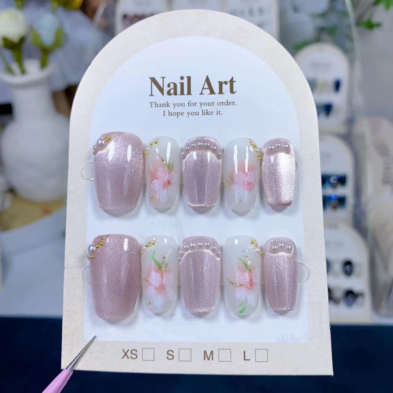 (Handmade) 10pcs/Set Cat Eye Nails with Hand-Painted Flowers Press-On Nails