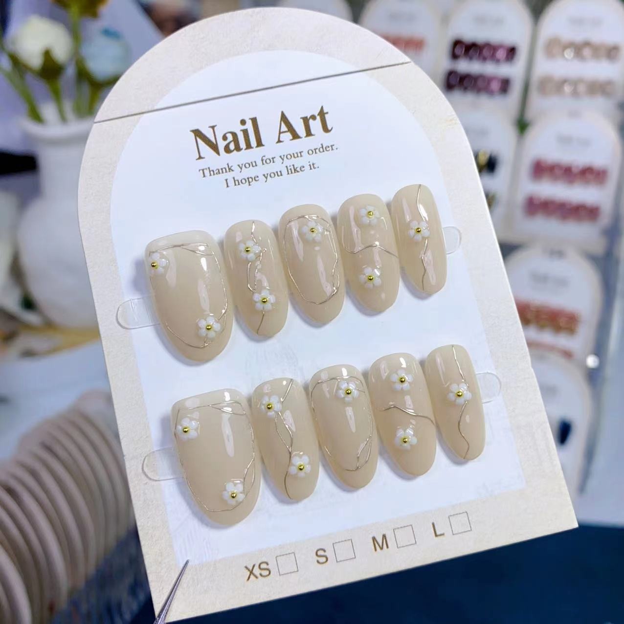 (Handmade) 10pcs/Set Nude Floral Press-On Nails