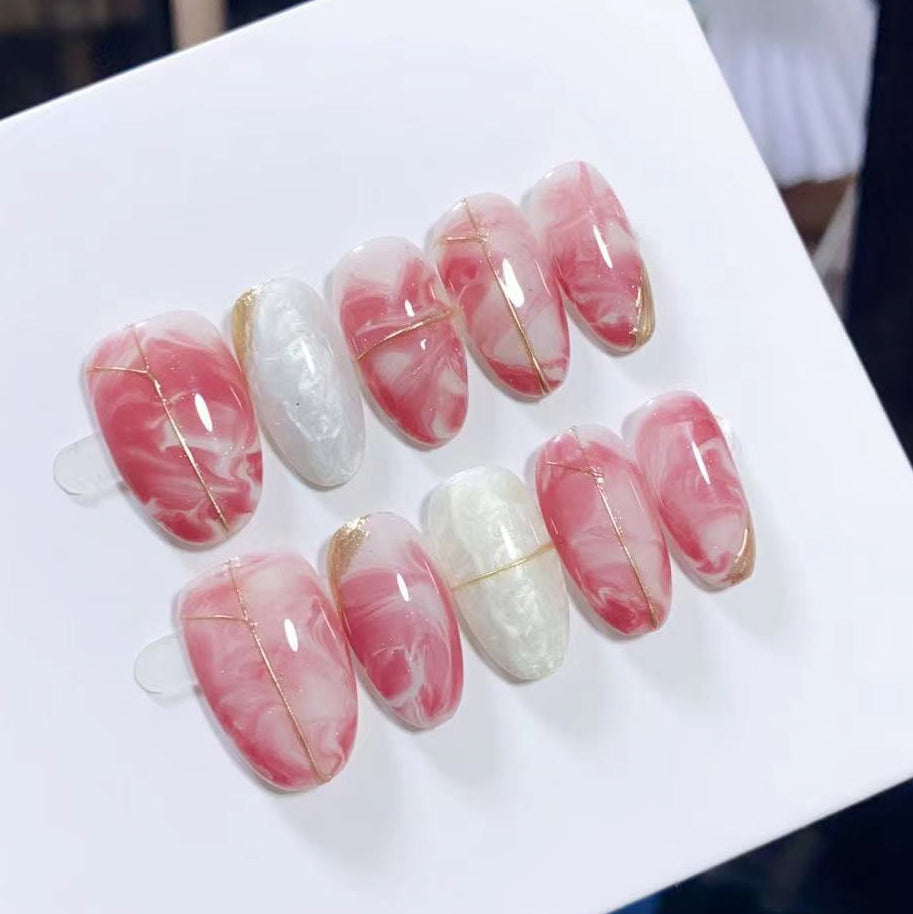 (Handmade) 10pcs/Set Pink Mica Shell Gradient Press-On Nails