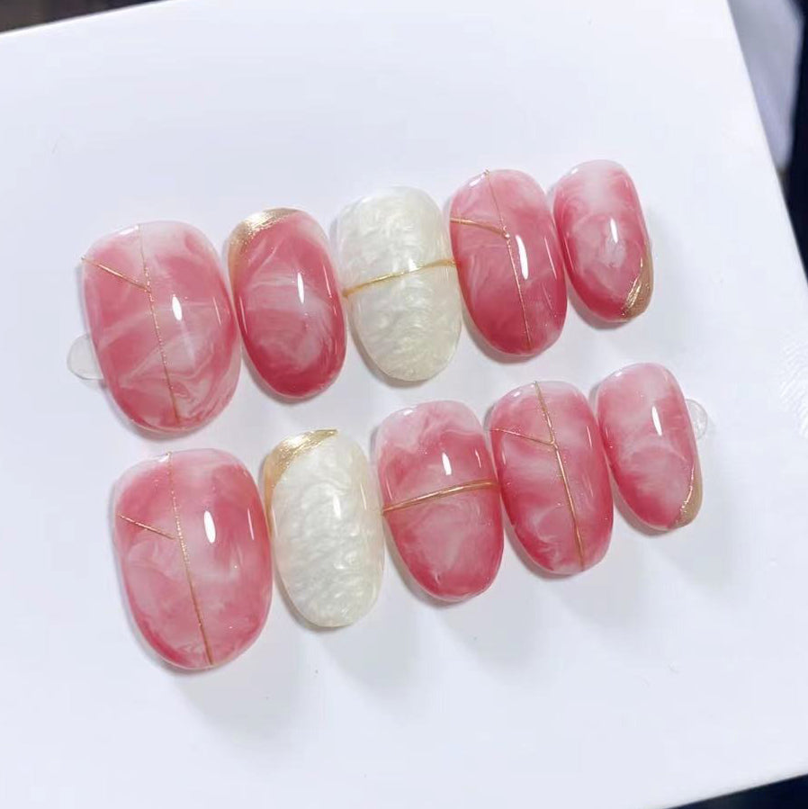 (Handmade) 10pcs/Set Pink Mica Shell Gradient Press-On Nails