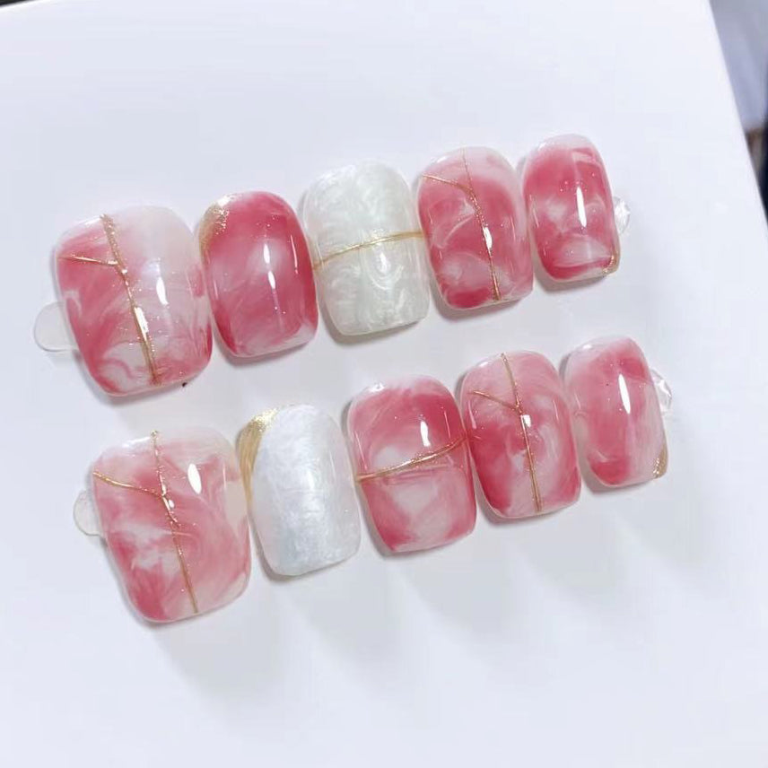 (Handmade) 10pcs/Set Pink Mica Shell Gradient Press-On Nails