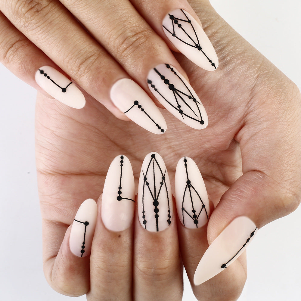 24pcs/Set Matte Black Geometric Lines Press-On Nails