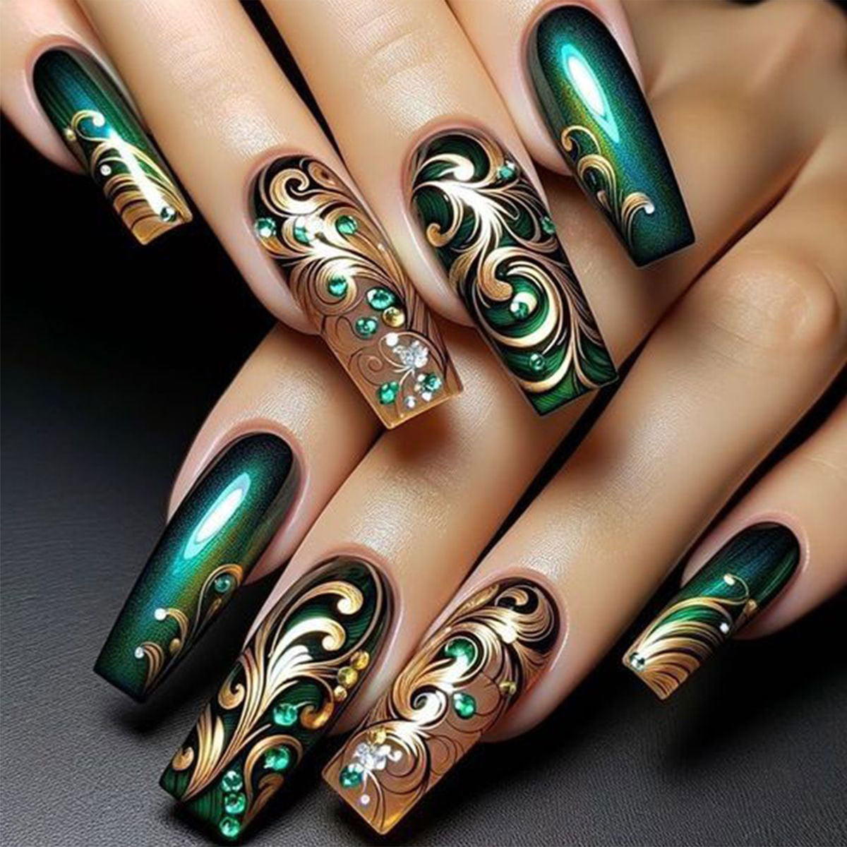 24pcs/Set Dark Green and Gold Vines Press-On Nails