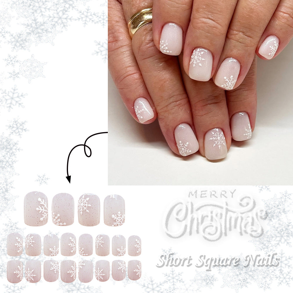 24pcs/Set Pure White Snowflake Short Press On Nails