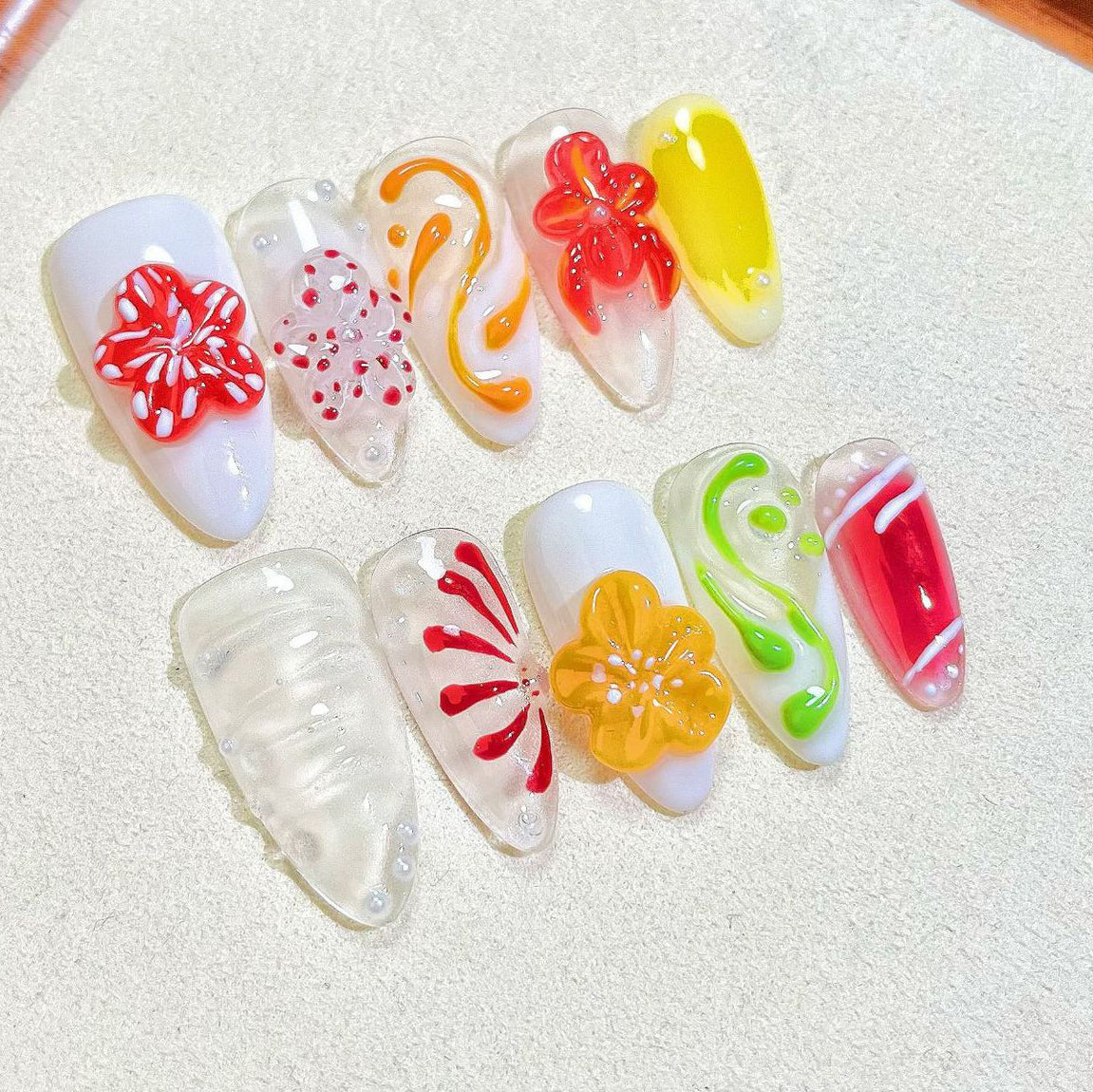(Handmade) 10pcs/Set 3D Embossed Carving Press-On Nails