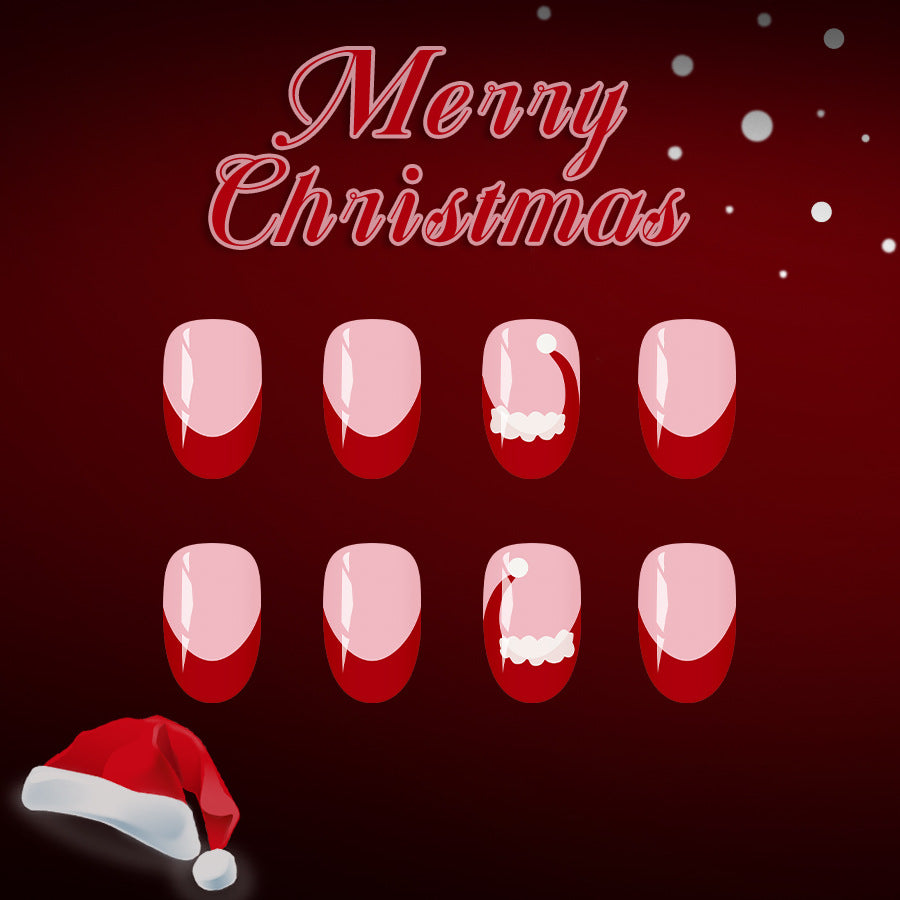 24pcs/Set Christmas Red French Cute Santa Hat Press-On Nails