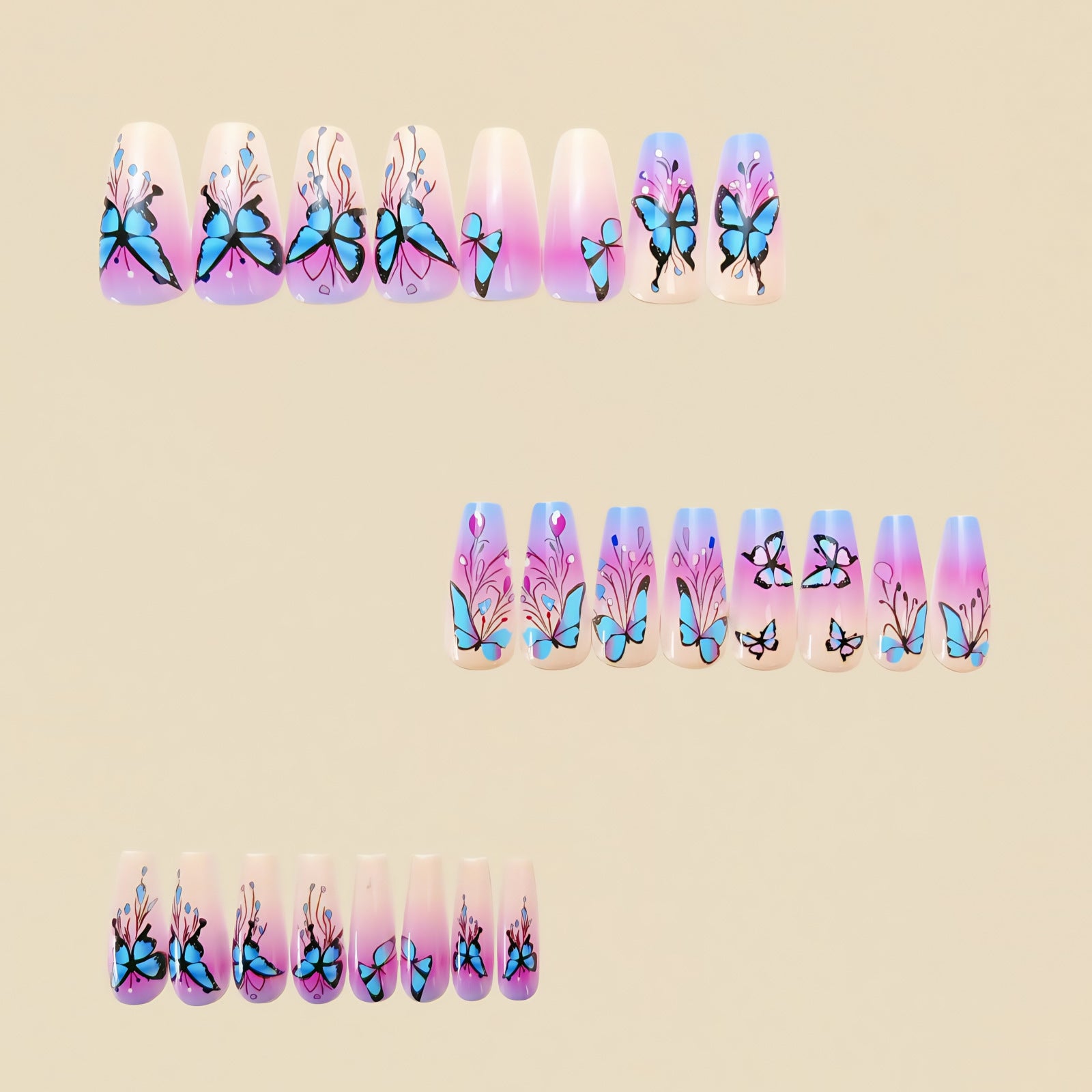 24pcs/Set Ombre Blue Butterflies Press-On Nails