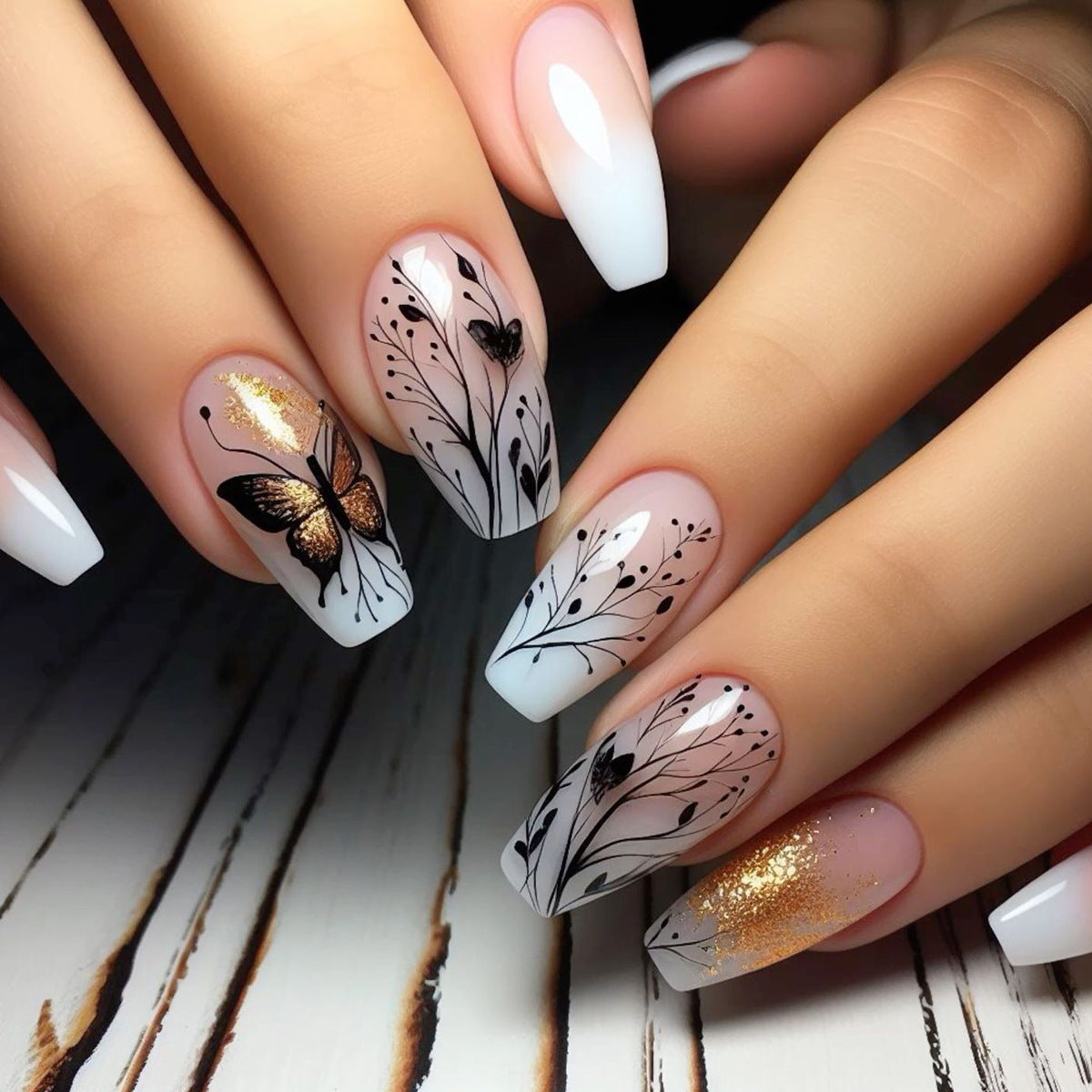 24pcs/Set White Gradient Botanical Line Butterfly Press-On Nails