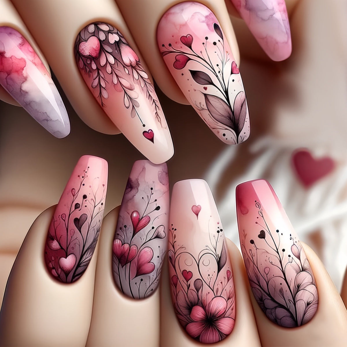 24pcs/Set Flowers Hearts Plants Press-On Nails