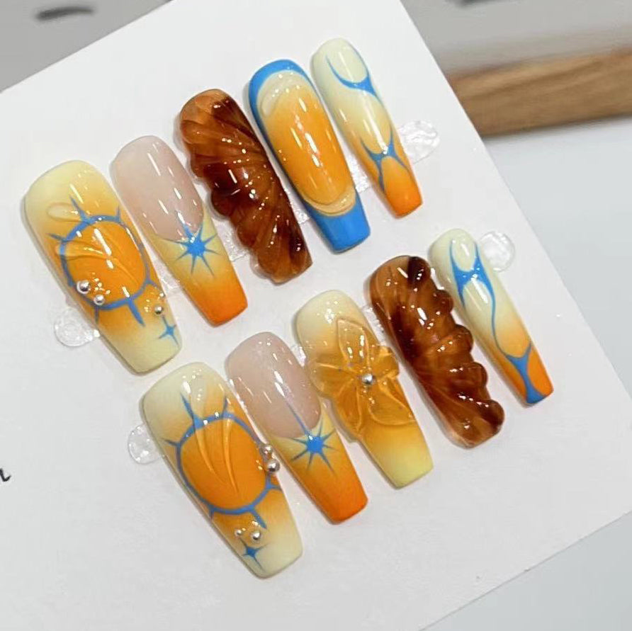 (Handmade) 10pcs/Set French Hand-Painted 3D Floral Design Press-On Nails