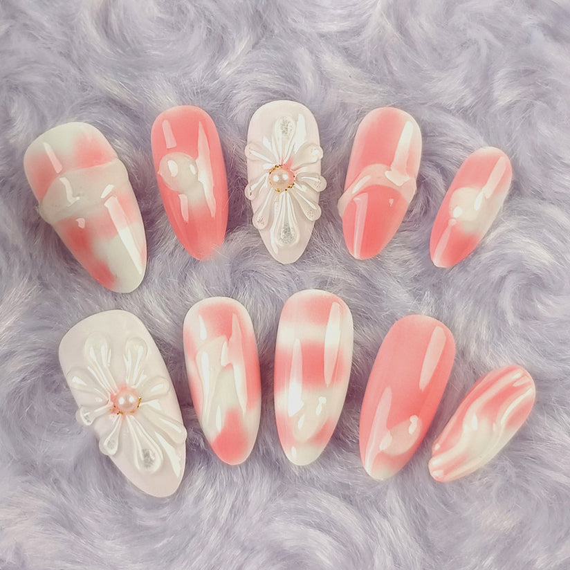 (Handmade) 10pcs/Set Falling Petals & Pearl Gradient Press-On Nails
