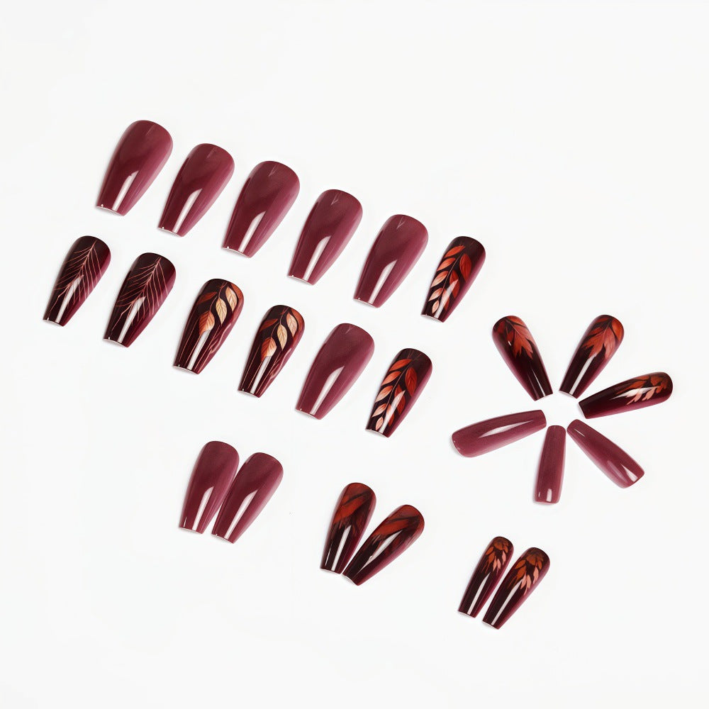 24pcs/Set Deep Burgundy Leaves Press-On Nails