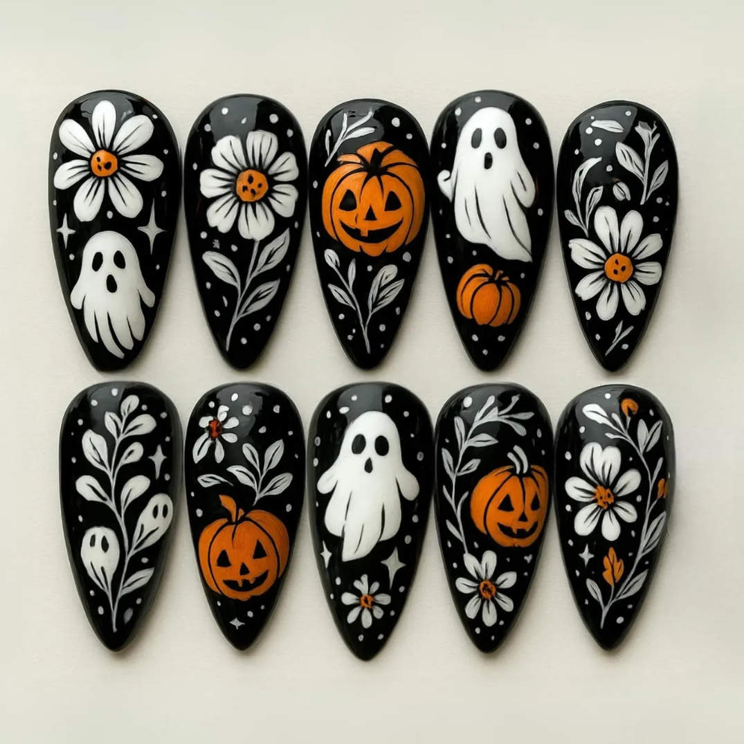 (Handmade) 10pcs/Set Spooky Halloween Pumpkin Ghost Halloween Press-On Nails