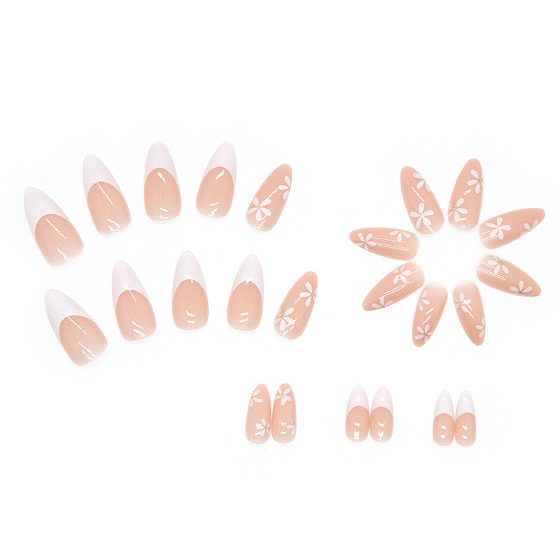 24pcs/Set White French with Small Flowers Press-On Nails